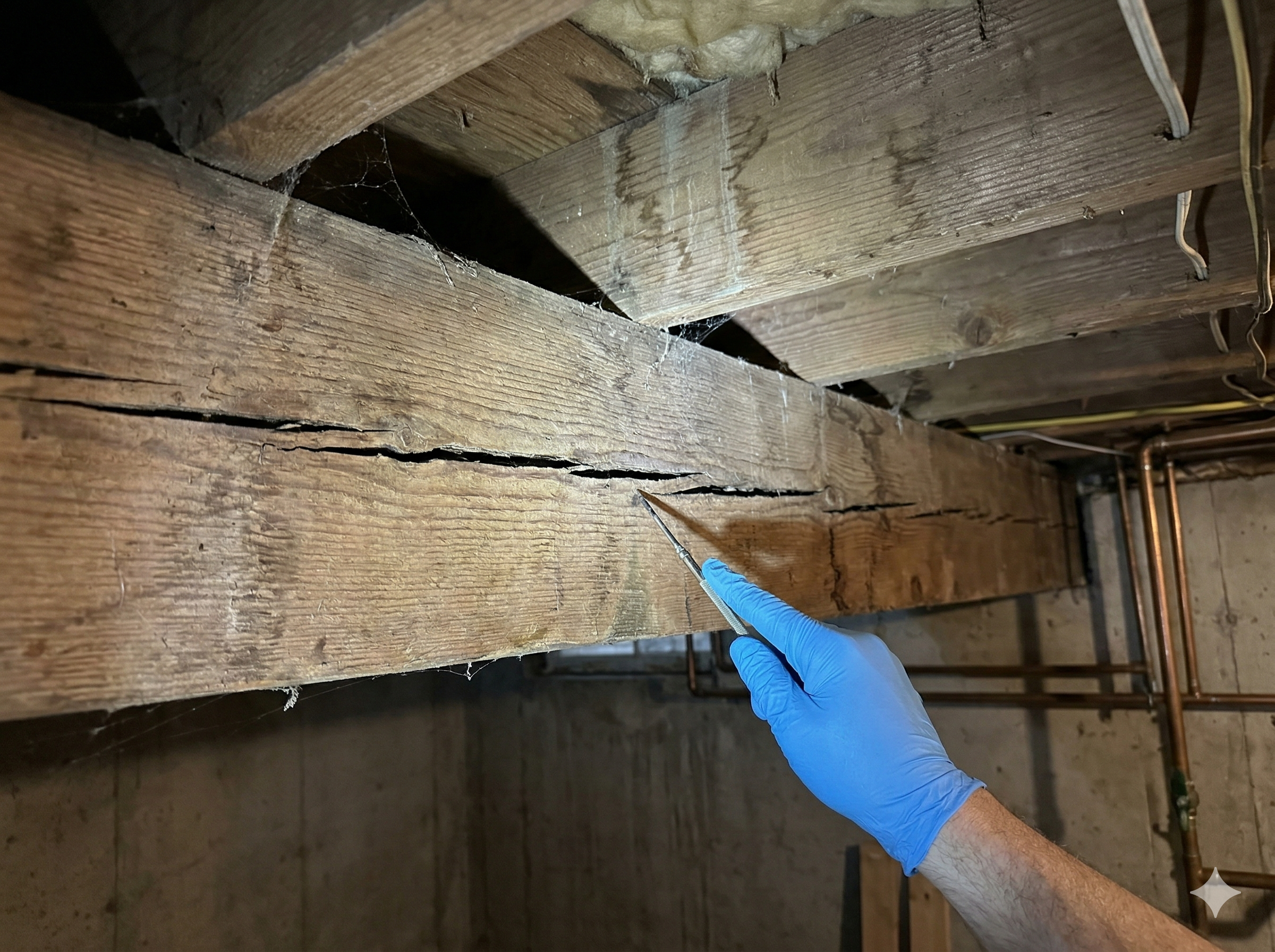 A deep horizontal crack in a structural wooden floor joist in a basement. loading=